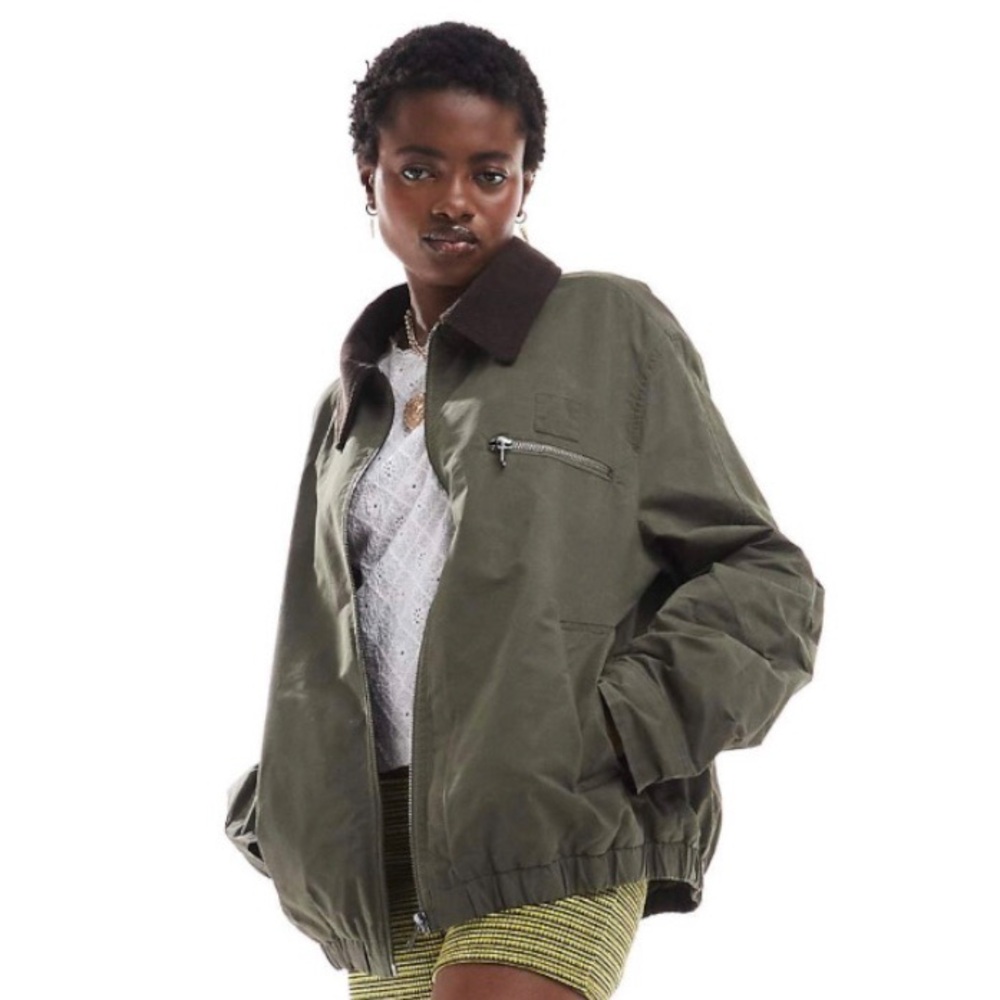 ASOS CORDUROY COLLAR WAXED TRUCKER JACKET (KHAKI)